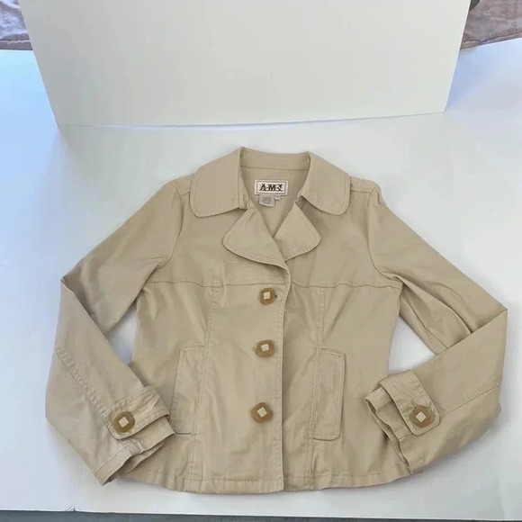 2/$25Cream tan business casual V-neck formal office trenchcoat  short jacket M - Picture 7 of 12